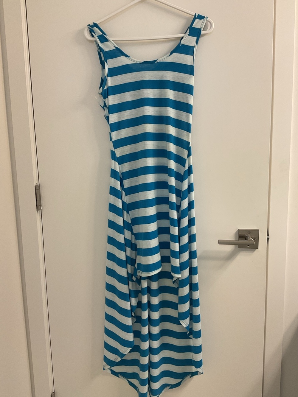 ***Luxe Striped  with ribboned back , High- low  Dress in Turquoise and White